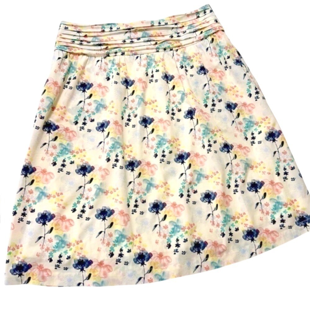 DE Collection Floral Watercolor Pleated Waist A-Line Skirt White Womens M